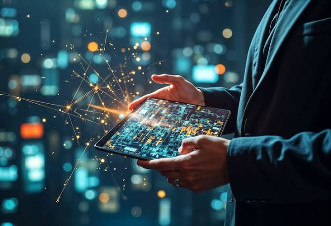 Business professional interacting with a digital ERP interface overlay, representing AI-driven ERP integration